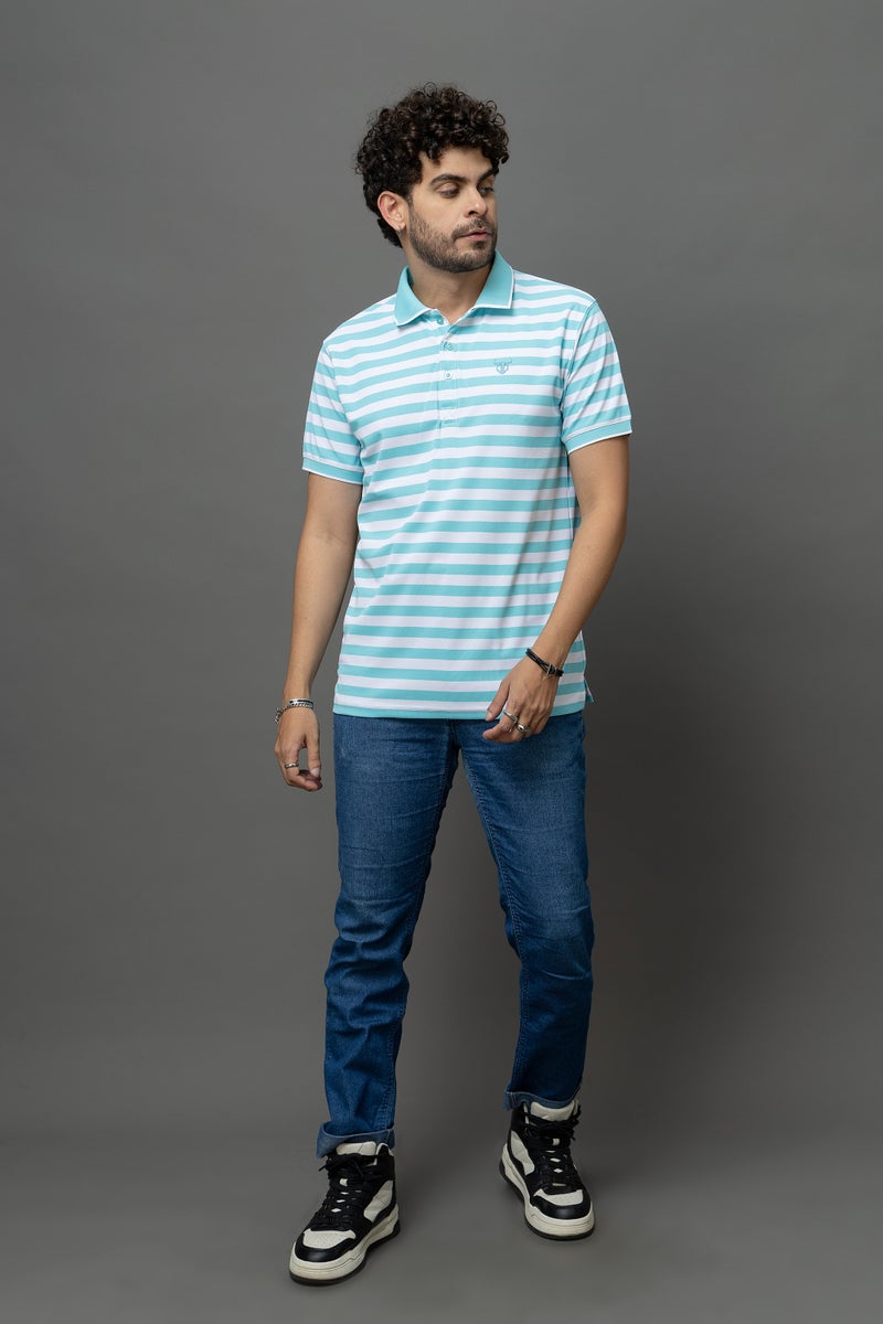 GO DEVIL Blue & White Striped Polo T-Shirt for Men - Image 3